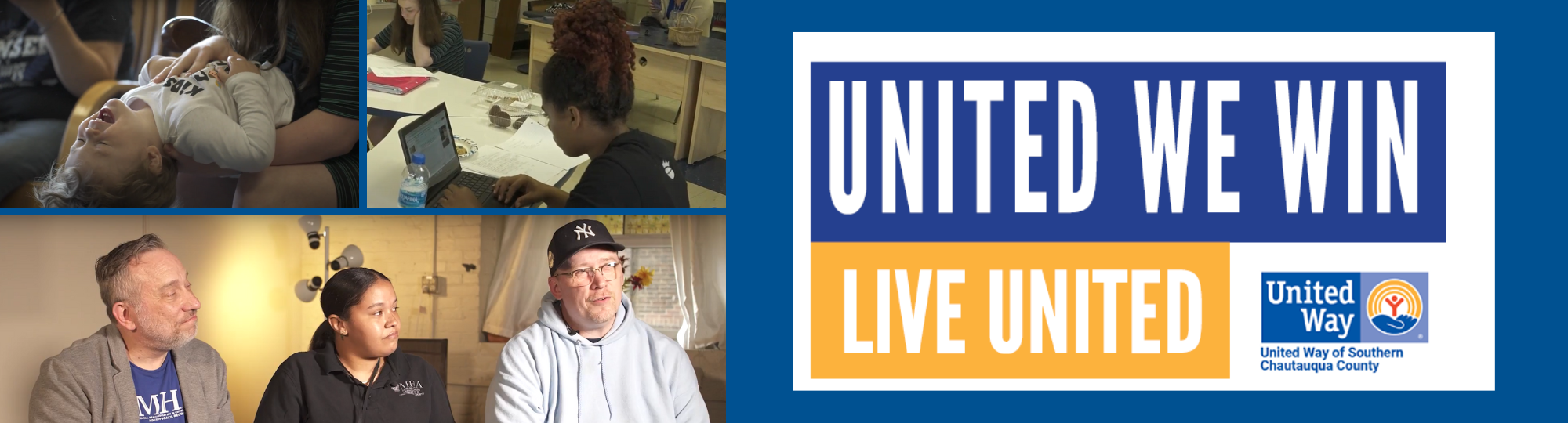 Banner with community partner photos with the words" United We Win, Live United" and the UWSCC logo